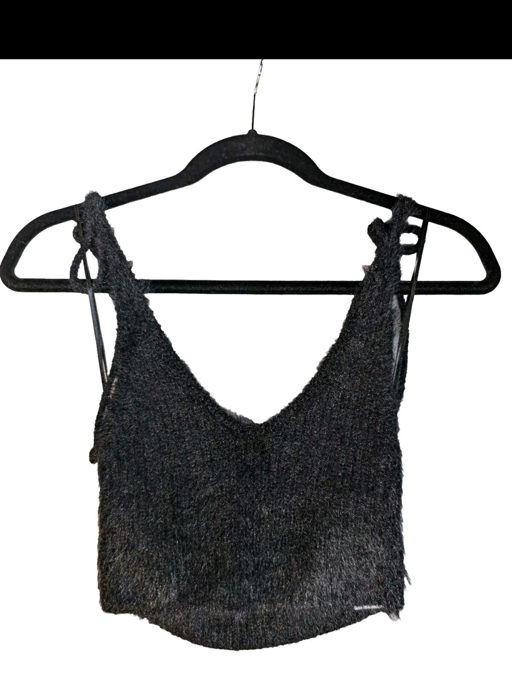 Zara Black Fuzzy V-Neck Crop Tank